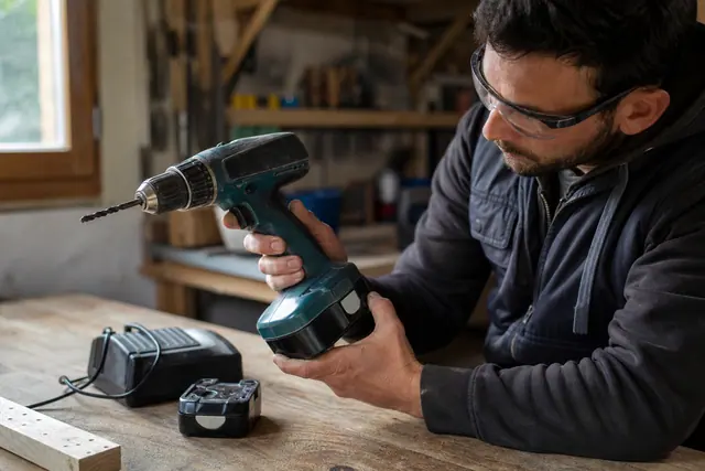 Acheteur vérifiant une perceuse-visseuse d'occasion sur un établi avec foret et batterie.
