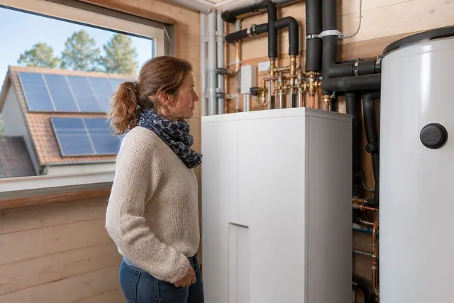 Pompe à chaleur intérieure et panneaux photovoltaïques dans une maison rénovée.
