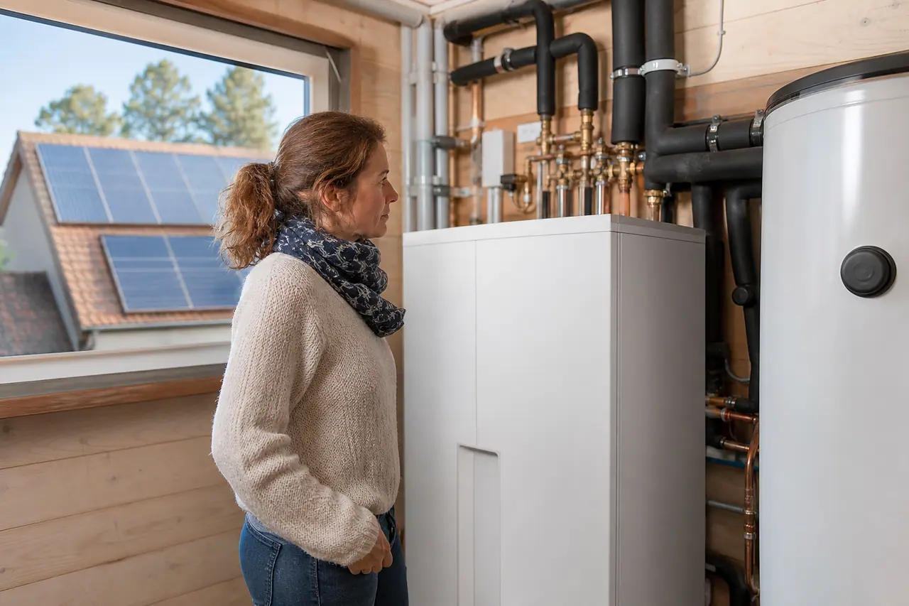 Pompe à chaleur intérieure et panneaux photovoltaïques dans une maison rénovée.