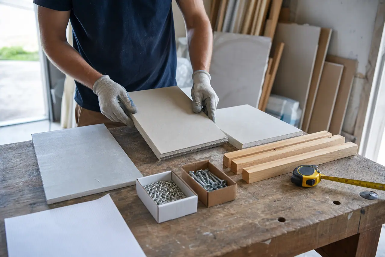 Particulier comparant des matériaux de rénovation sur un établi avec un mètre ruban.