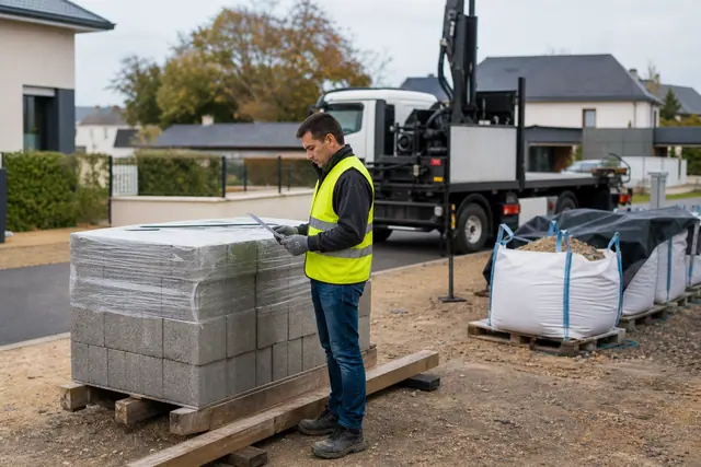 Contrôle d’une palette de parpaings avant rangement sur un chantier résidentiel.