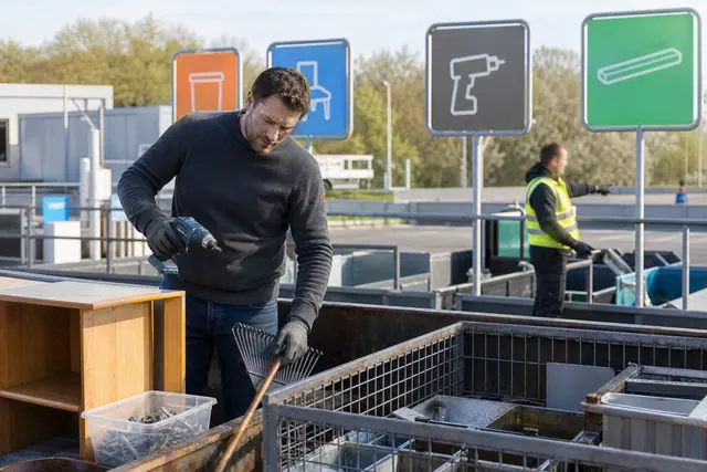 Tri d’outils, mobilier et quincaillerie dans une déchetterie organisée.