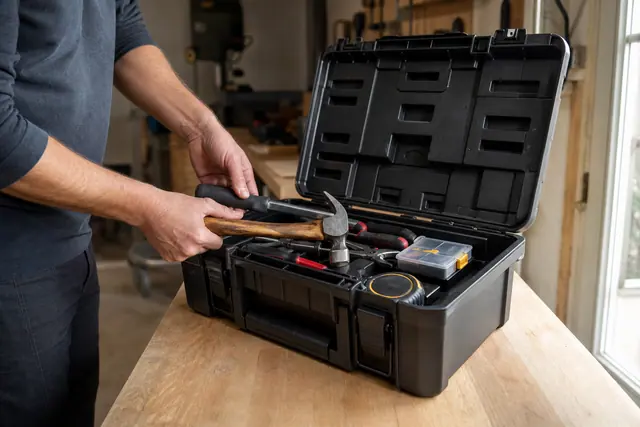 Boîte rigide ouverte avec outils à main et organiseur de vis bien rangés.
