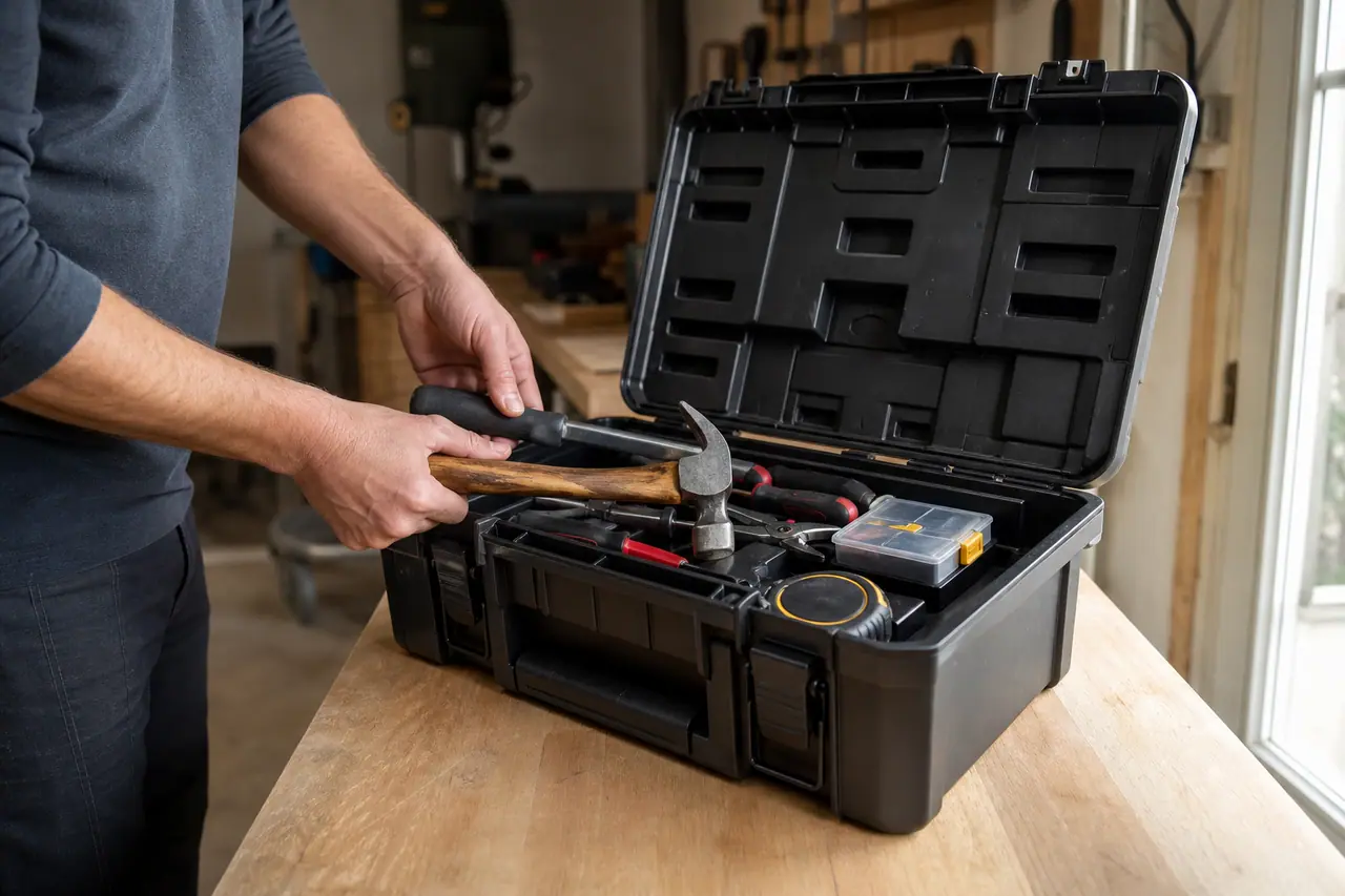 Boîte rigide ouverte avec outils à main et organiseur de vis bien rangés.