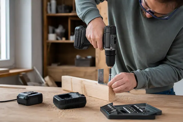 Bricoleur équipé vissant une équerre avec perceuse sans fil et batterie de rechange.
