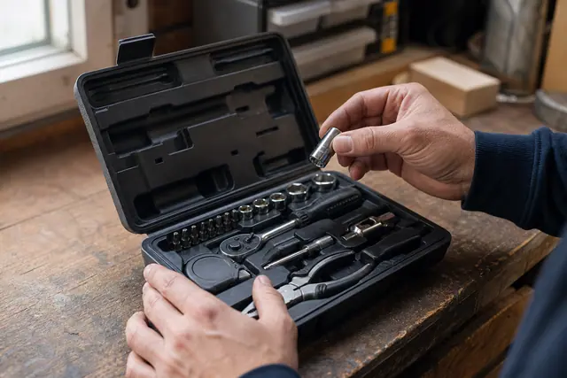 Bricoleur vérifiant le contenu et les finitions d’un coffret d’outils ouvert