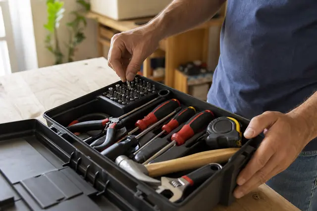 Caisse à outils ouverte avec outils essentiels rangés sur un établi en bois.