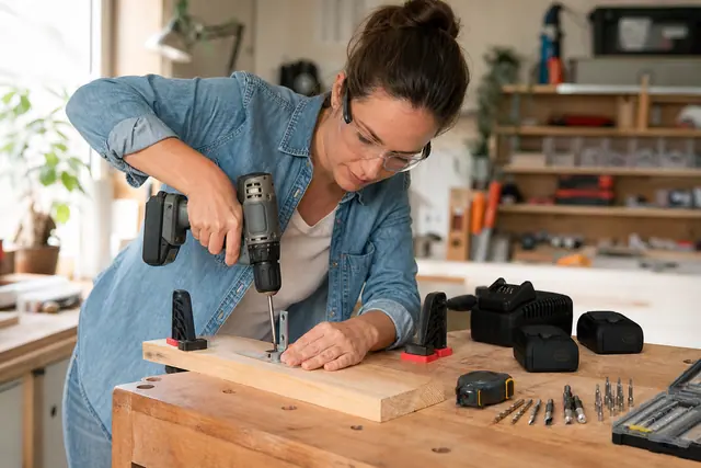 Bricoleuse utilisant une perceuse sans fil sur une planche maintenue à l’établi.