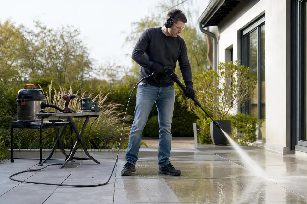 Particulier équipé nettoyant prudemment une terrasse en dalles avec un nettoyeur.