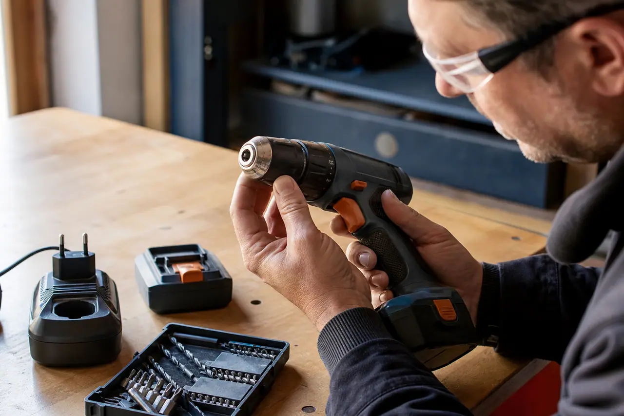 Particulier contrôlant une perceuse sans fil et son chargeur sur un établi.