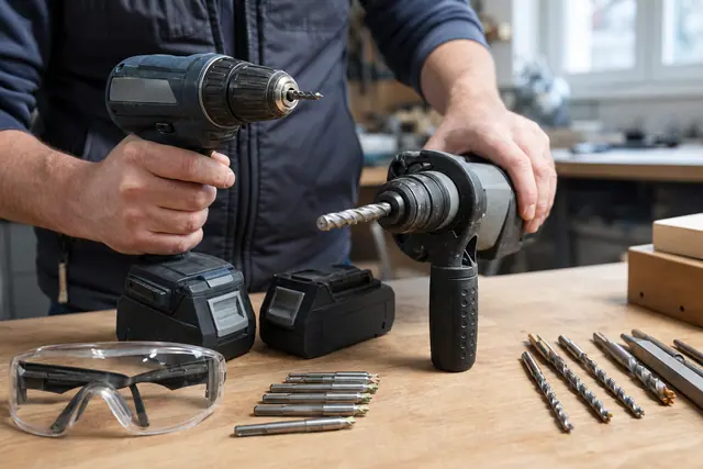 Bricoleur comparant une visseuse sans fil et un perforateur sur établi