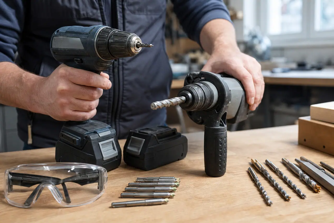 Bricoleur comparant une visseuse sans fil et un perforateur sur établi