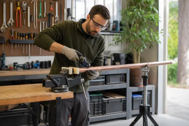 Établi stable avec étau protégé maintenant un tube de cuivre sur servante.