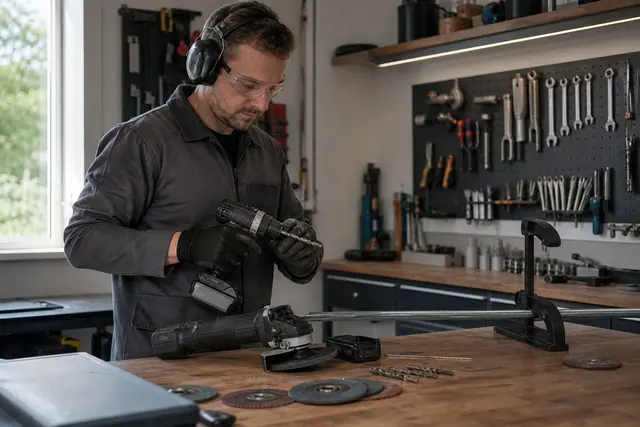 Bricoleur équipé préparant perceuse sans fil et meuleuse sur un établi stable.