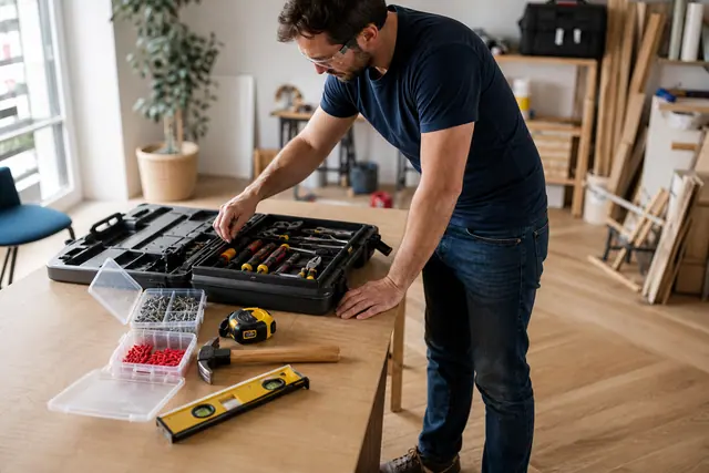 Caisse à outils organisée avec niveau, marteau, tournevis, vis et lunettes de protection.