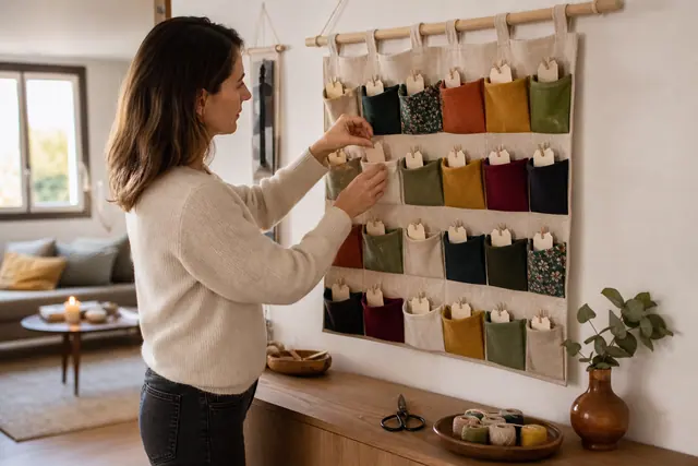 Calendrier mural réutilisable en pochettes de tissu suspendu à une tringle en bois.