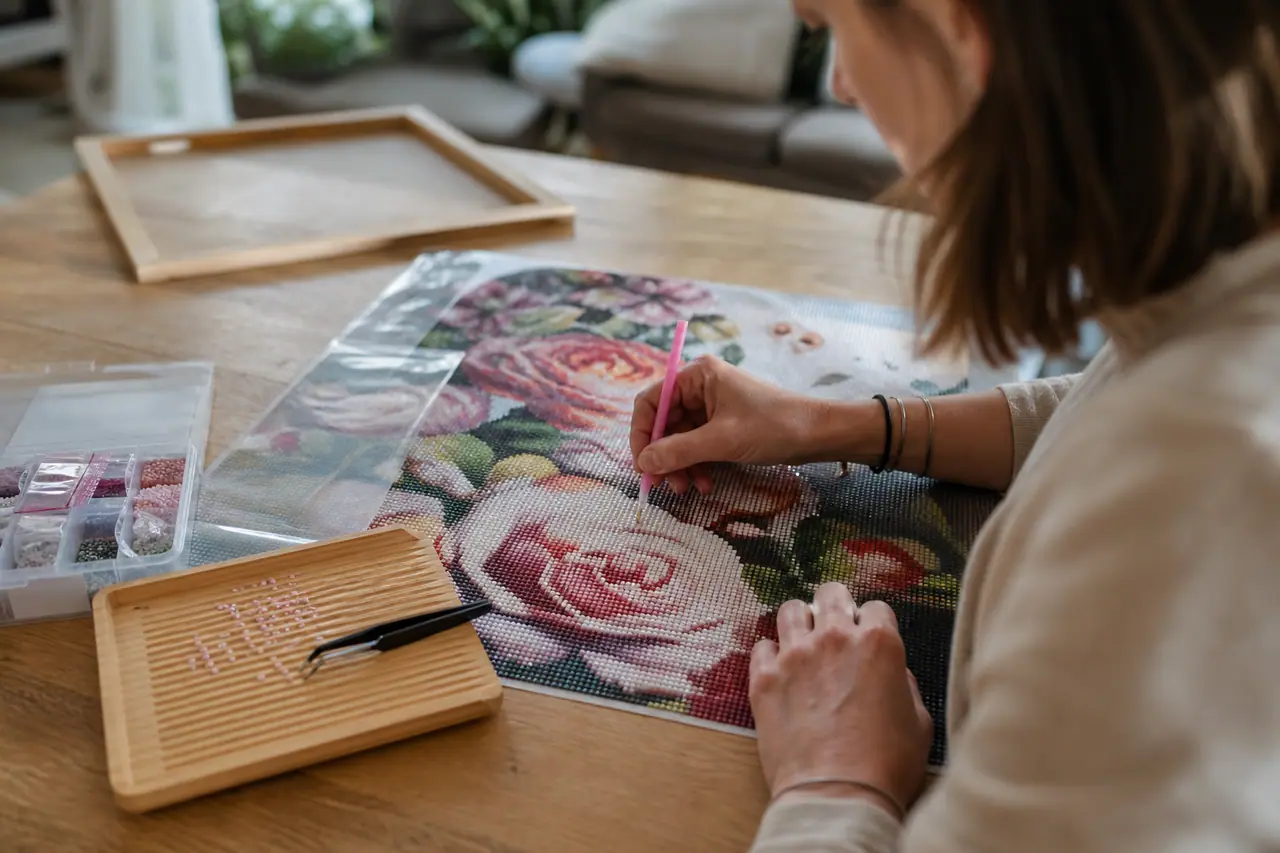 Toile de diamond painting en cours, strass rangés et cadre prêt à poser.