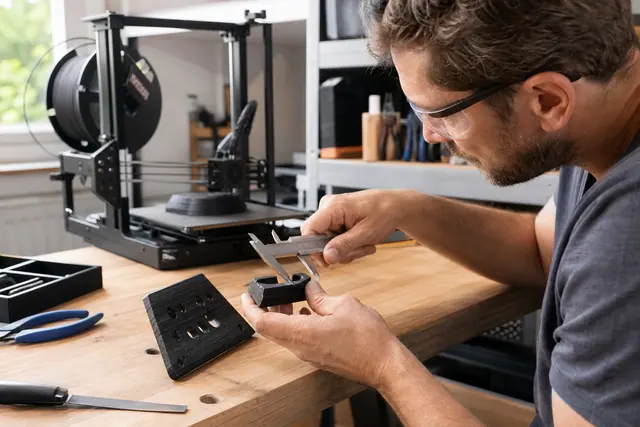 Bricoleur mesurant un gabarit PETG imprimé en 3D sur établi en bois.