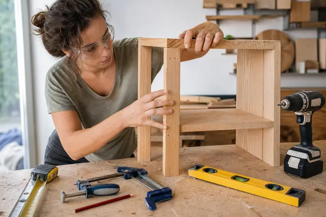 Débutant préparant une étagère en bois avec niveau et perceuse-visseuse.