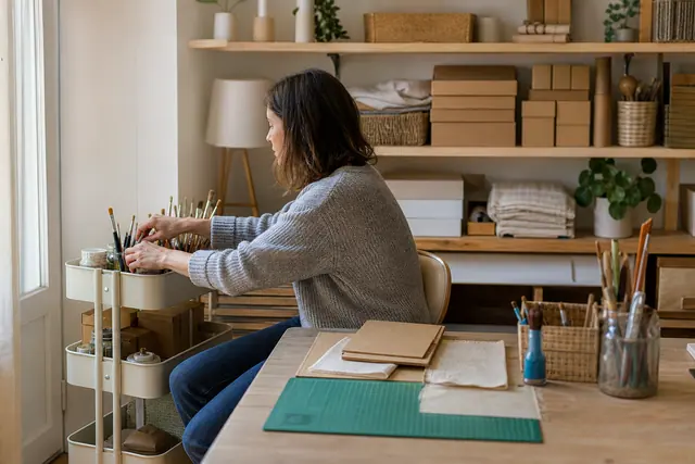 Coin créatif compact avec desserte, table protégée et rangements muraux.