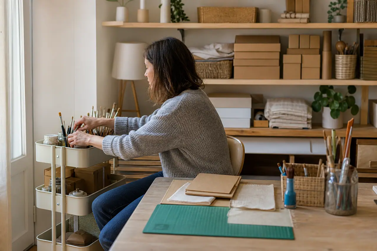 Coin créatif compact avec desserte, table protégée et rangements muraux.