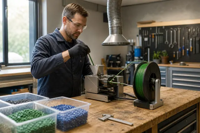Atelier équipé d’une extrudeuse transformant des paillettes de PLA en filament.
