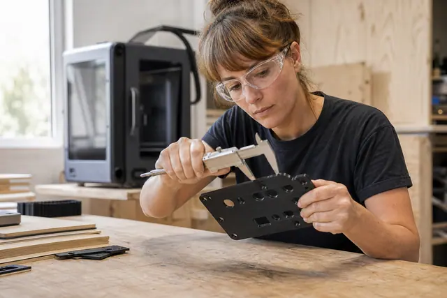 Bricoleuse mesurant un gabarit imprimé en 3D dans un fablab