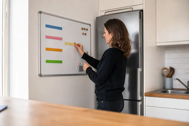 Tableau magnétique organisé et lavable fixé sur un mur de cuisine.