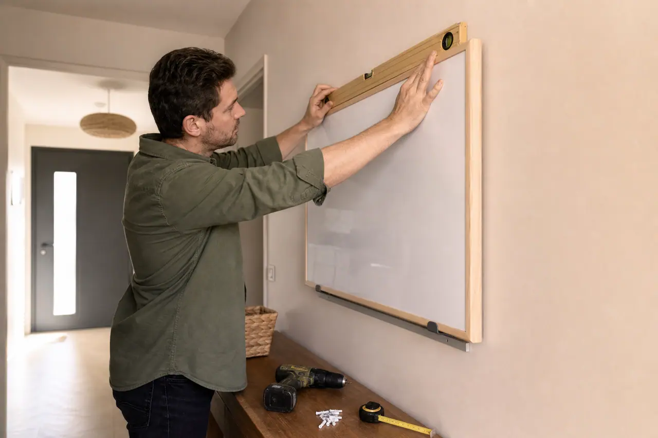 Tableau magnétique fixé droit sur un mur avec rail discret et niveau à bulle.