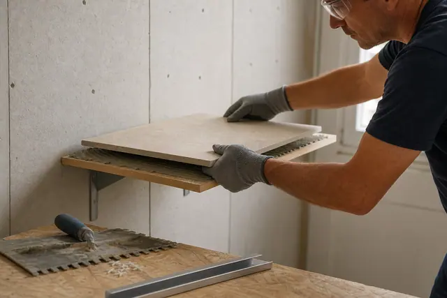 Pose précise d’un carreau sur une tablette murale rigide en cours de fabrication.
