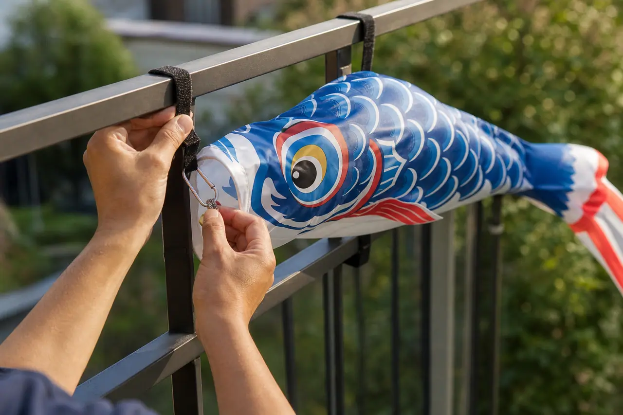 Koï nobori en tissu suspendu avec attaches souples sur un balcon.
