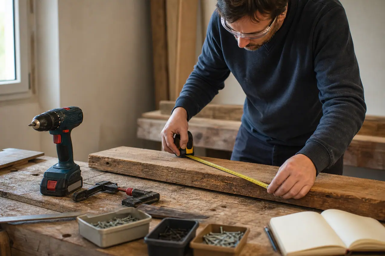 Bricoleur mesurant une planche récupérée sur un établi bien organisé.