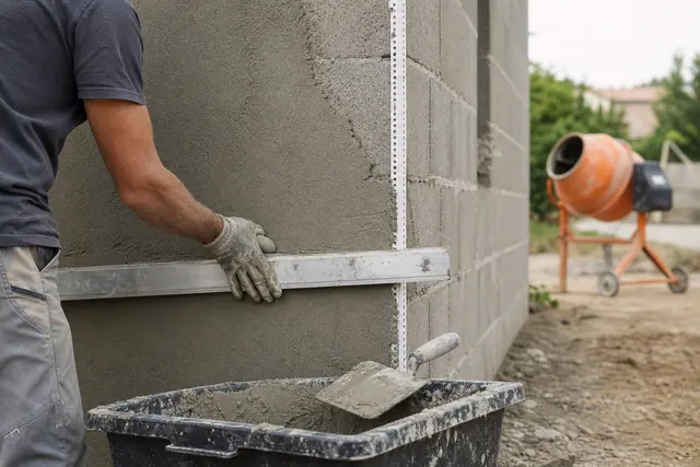 Maçon dressant à la règle un corps d’enduit gris frais sur un mur en parpaings