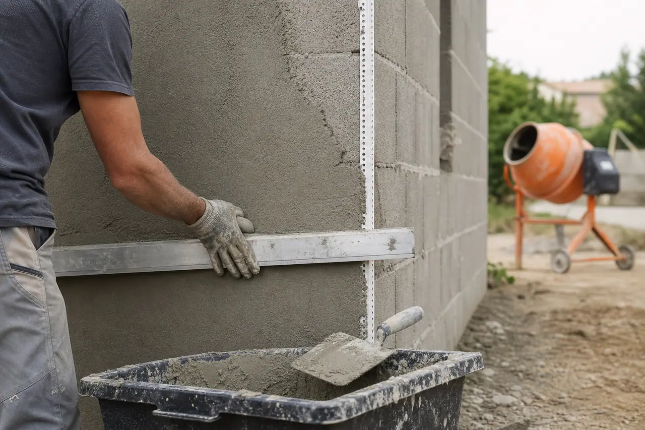 Maçon dressant à la règle un corps d’enduit gris frais sur un mur en parpaings
