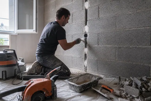 Saignée verticale fraîchement découpée dans un mur en parpaing avec sa gaine électrique en place