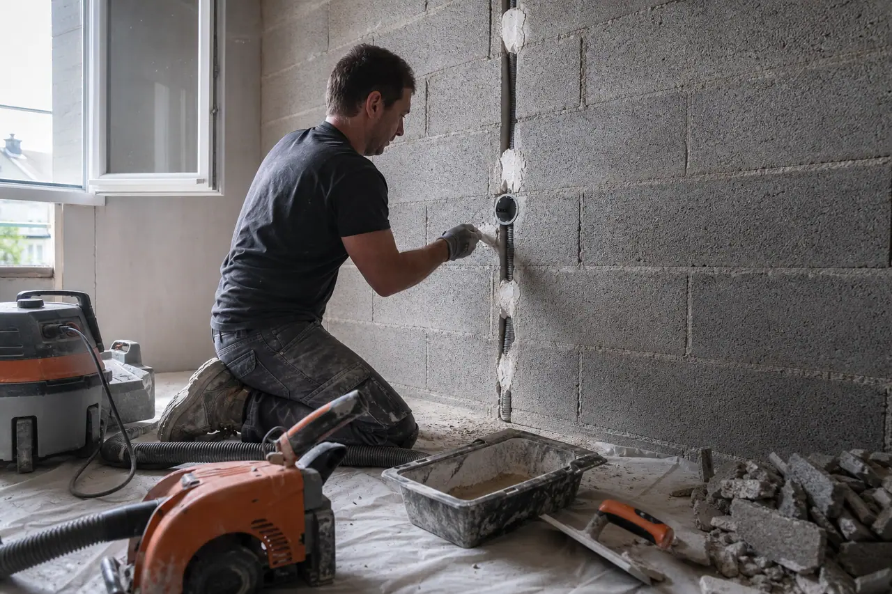 Saignée verticale fraîchement découpée dans un mur en parpaing avec sa gaine électrique en place