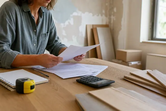 Particulier préparant devis et budget de rénovation sur une table de chantier.