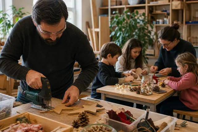 Atelier collectif de décorations de Noël avec bois, carton et adultes encadrants.