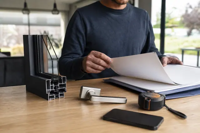 Particulier triant ses documents près d’échantillons de fenêtre et de poignée.