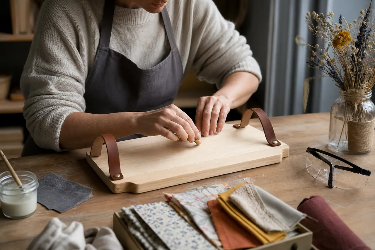 Plateau en bois fait main entouré de matériaux de récupération décoratifs.