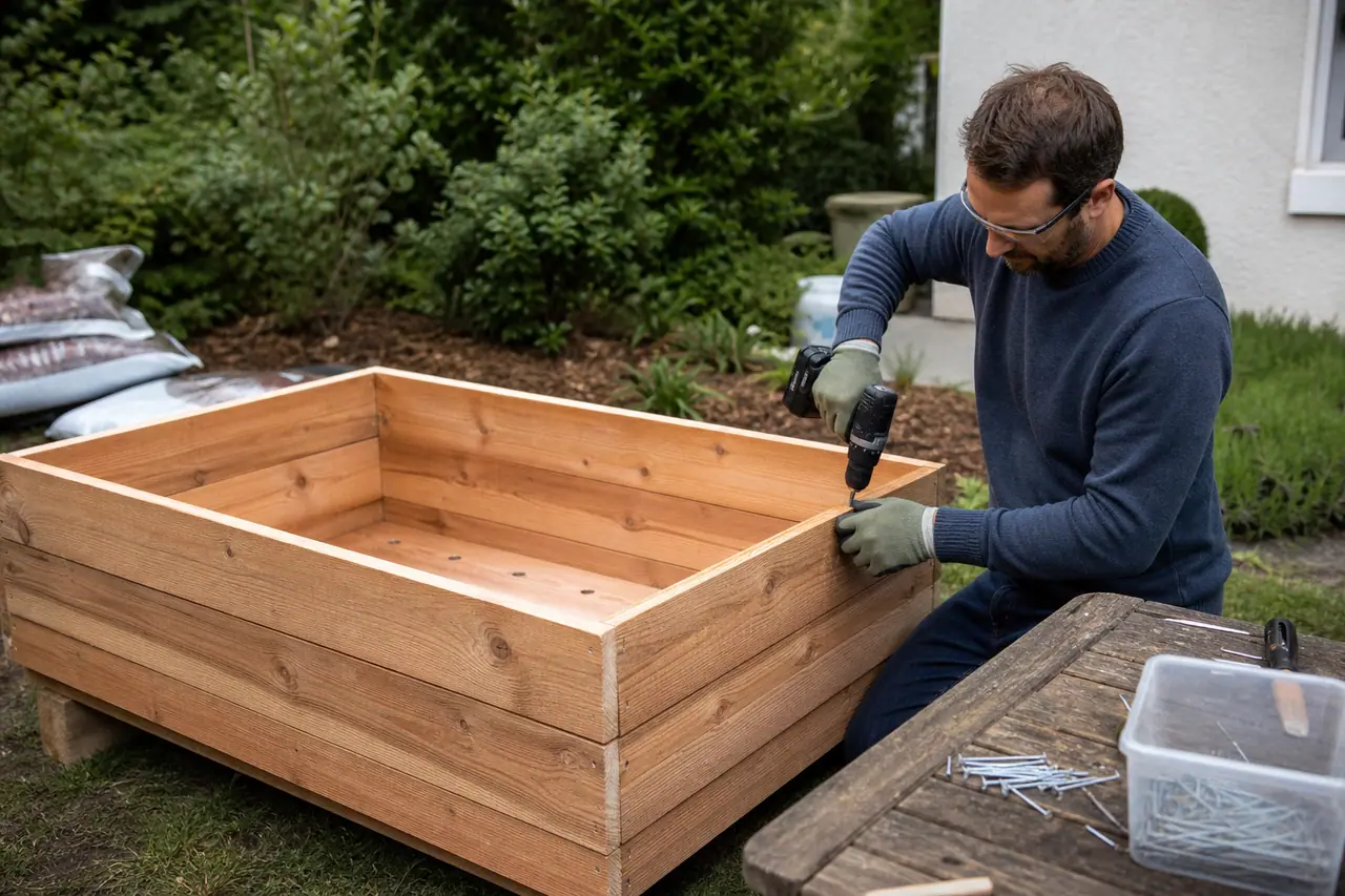 Assemblage d’un bac potager en bois brut sur cales dans un jardin.