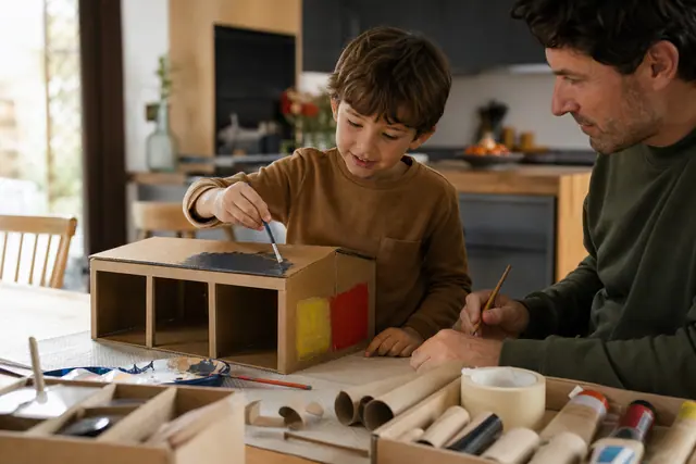 Enfant guidé par un adulte assemblant un garage en carton sur table protégée.