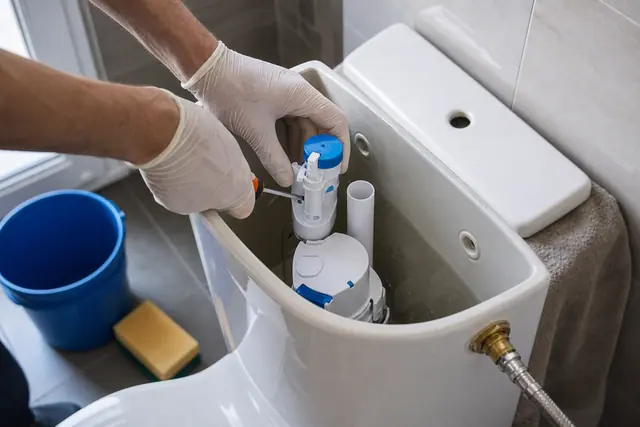 Réglage d’un robinet flotteur neuf dans un réservoir de WC ouvert.