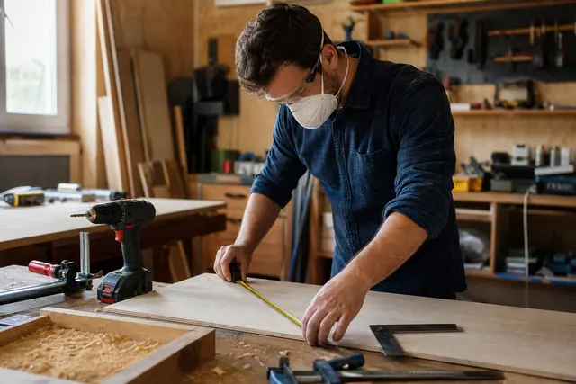 Bricoleur équipé mesurant une planche sur établi avant de la percer.
