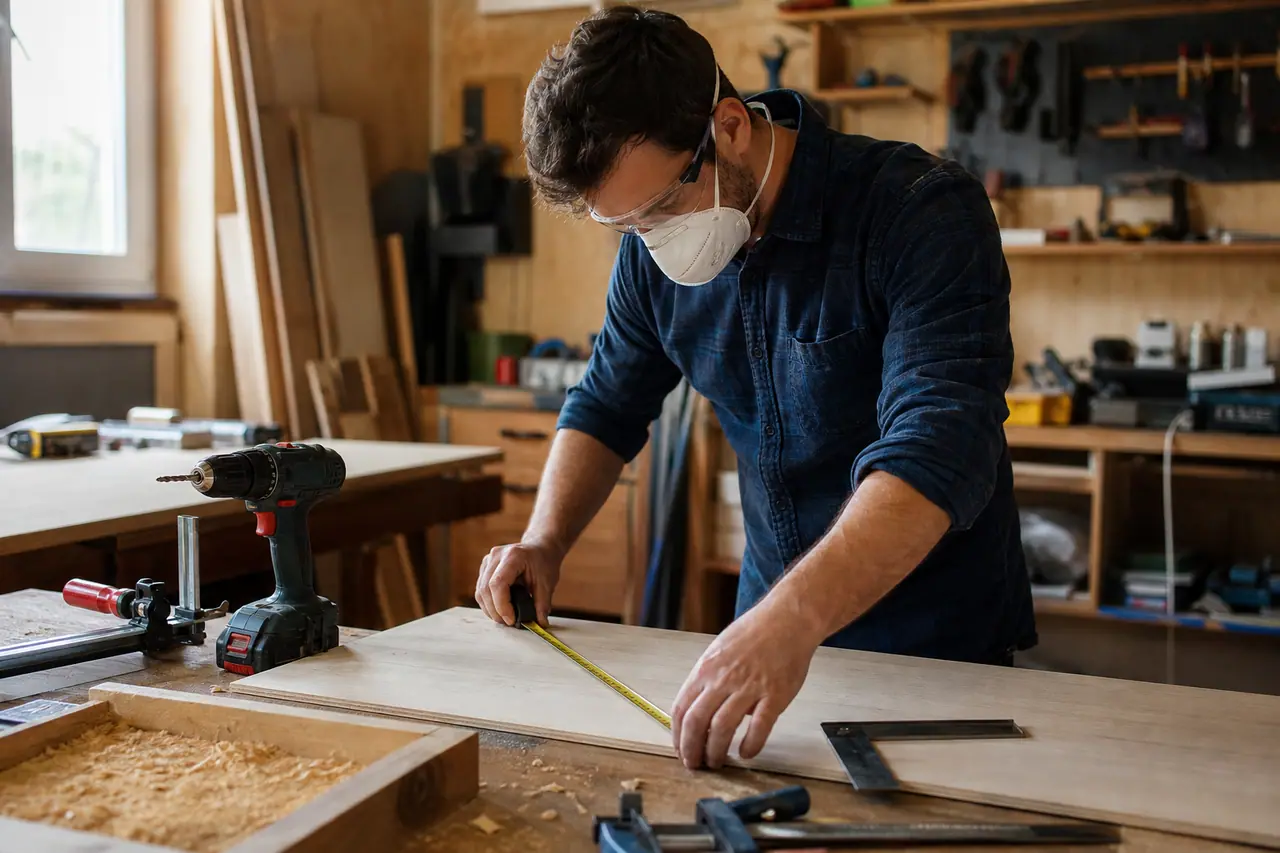 Bricoleur équipé mesurant une planche sur établi avant de la percer.