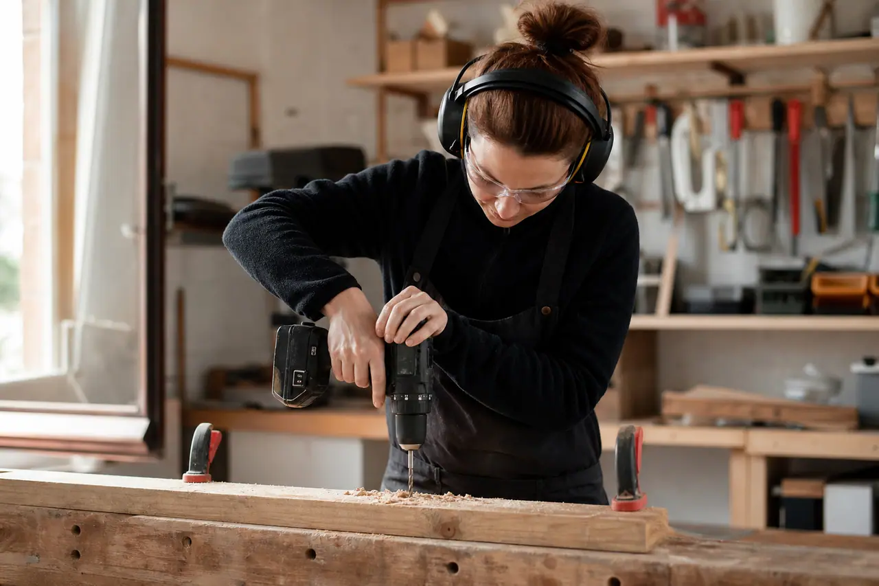 Bricoleuse équipée testant une perceuse sur une planche solidement serrée.
