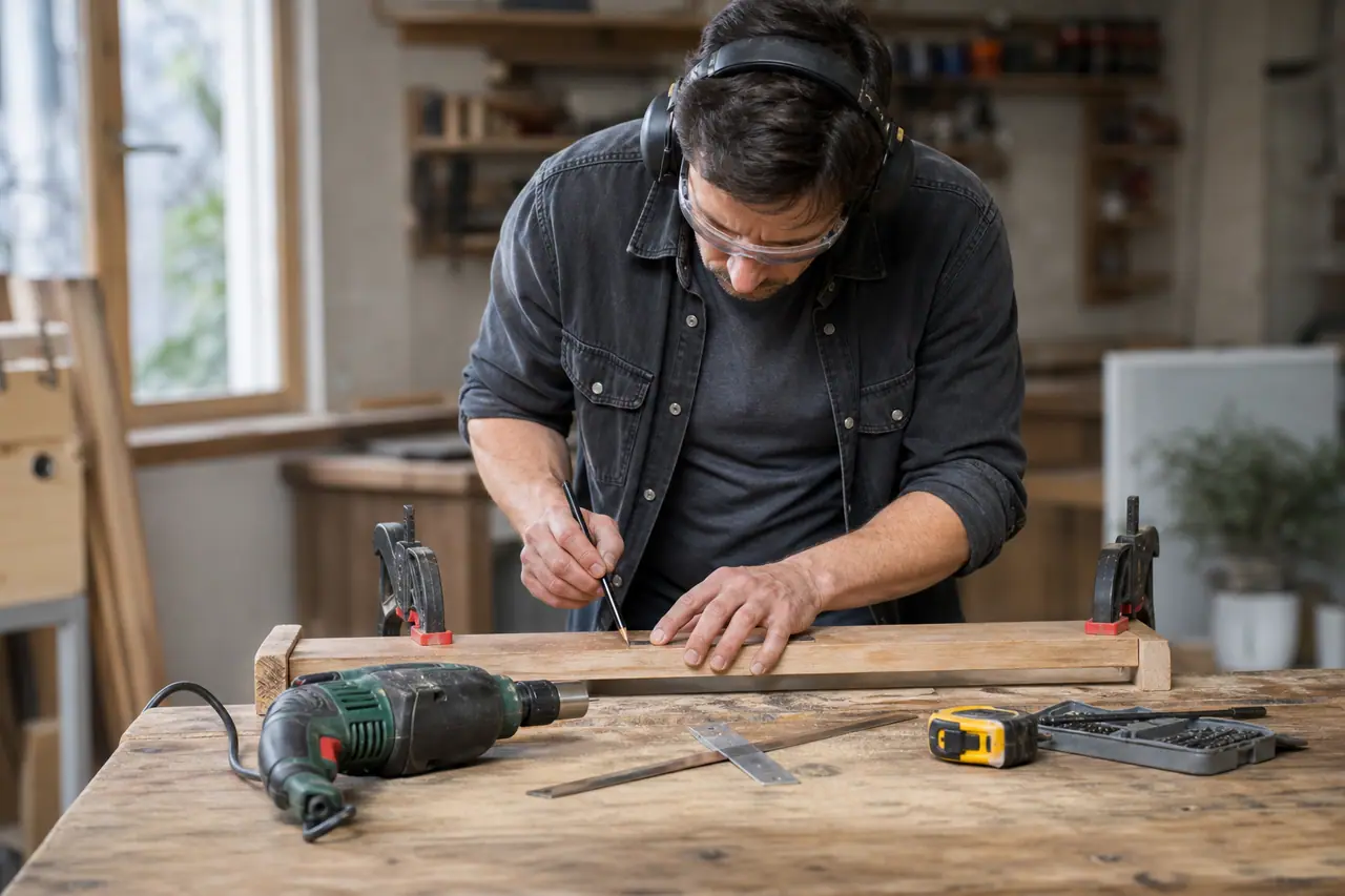 Bricoleur équipé traçant une planche serrée sur un établi avant perçage.