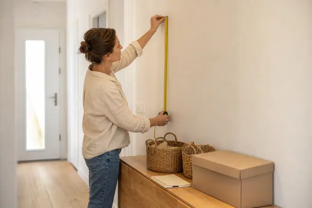 Personne mesurant une petite entrée avant d’installer des rangements décoratifs.