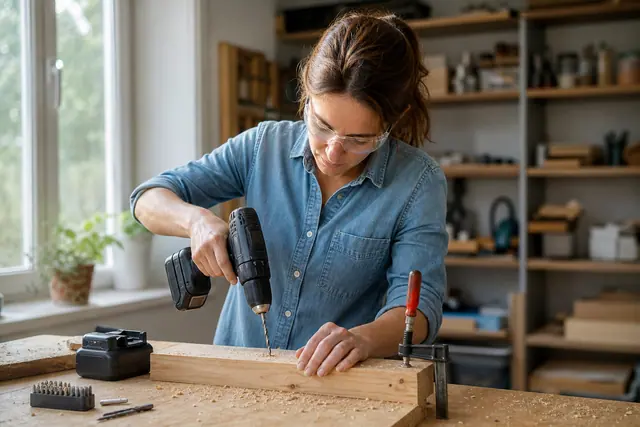Bricoleuse tenant une perceuse-visseuse sans fil devant une planche fixée par serre-joint