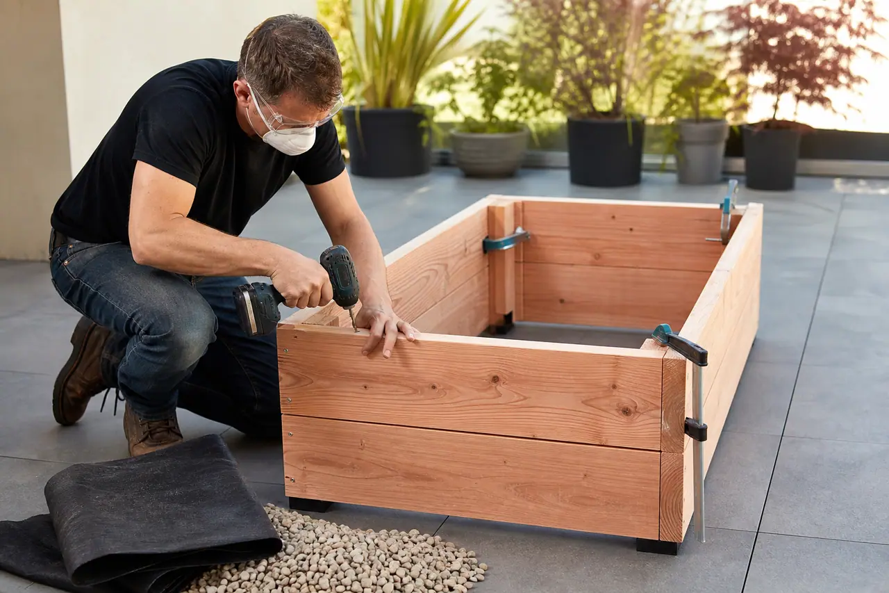 Assemblage vissé d’une jardinière en bois sur une terrasse avec fond drainant.